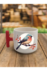 Kuş Temalı Kırmızı Kulplu Kahve Bardağı Kupa Bardak - Seramik Çay, Kahve Hediyelik Bardağı